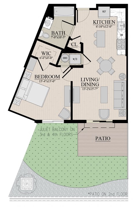 Floor plan for 1 bed, 1 bath, 685 sqft